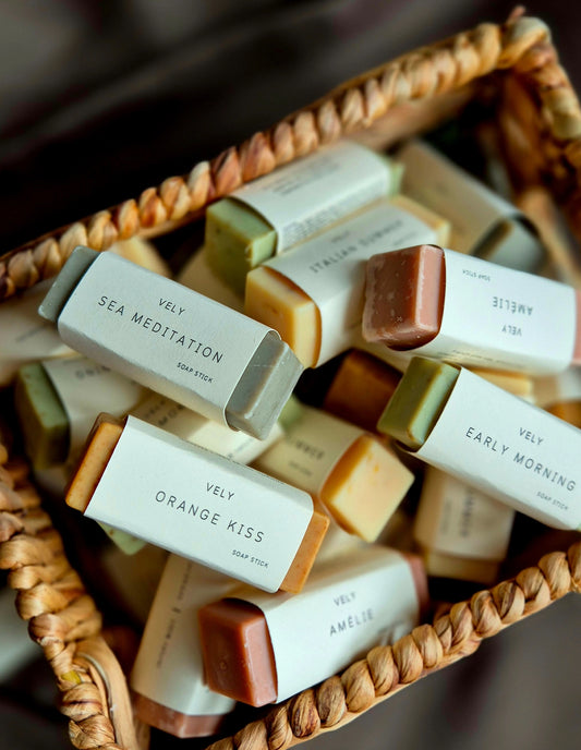 Assorted Vely soap bars in a woven basket