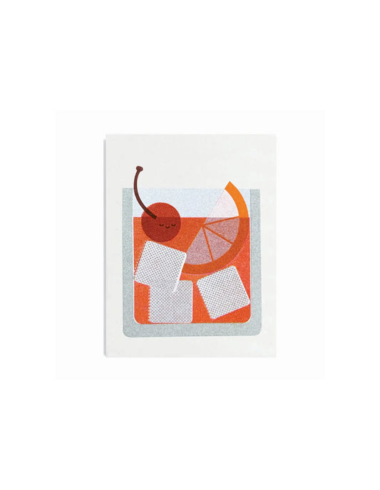 Framed artwork with abstract design of a cherry, orange, and ice cubes on a white background