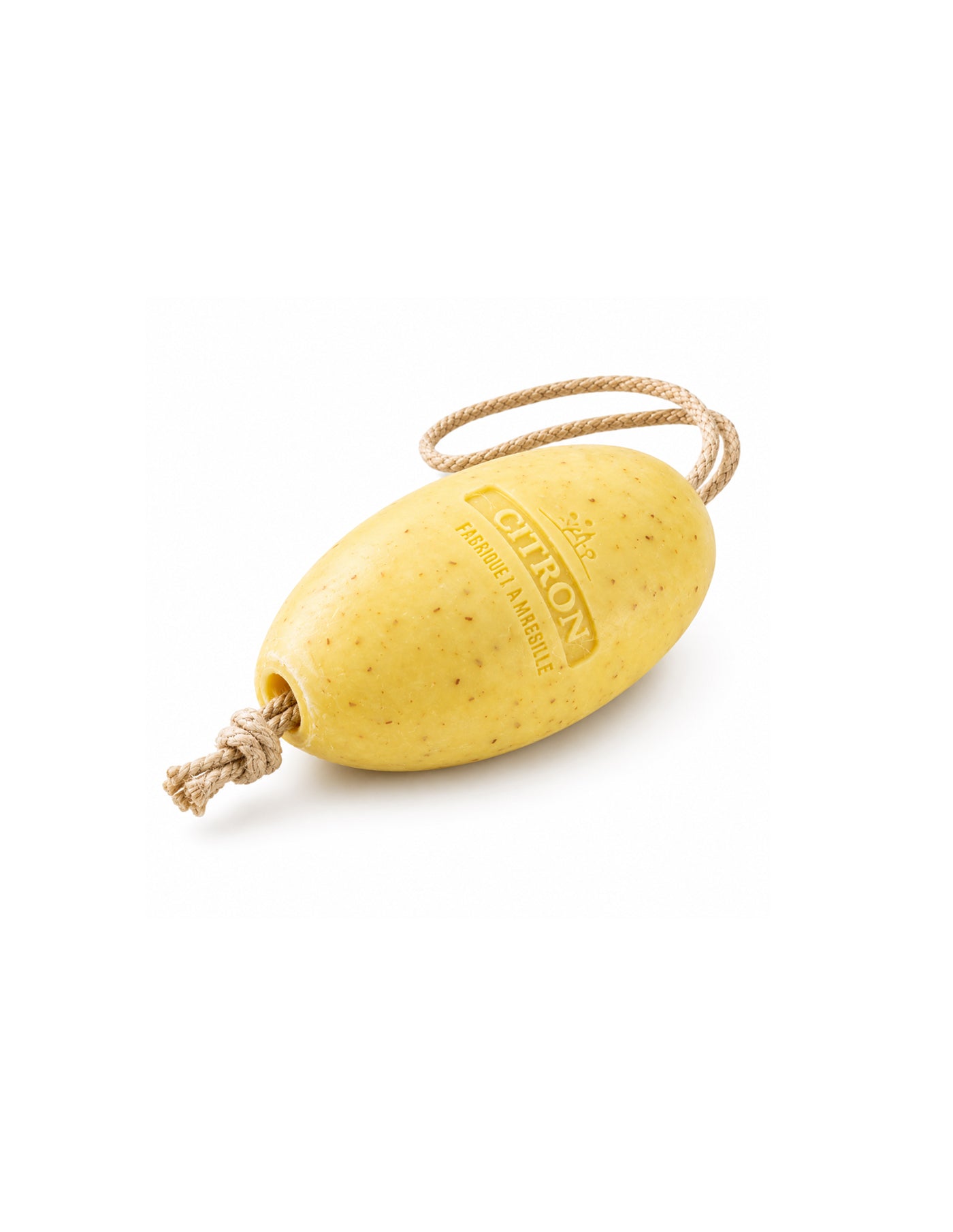 A yellow citrus peel body scrubber with a natural jute loop and a small jute pull tab, featuring the brand name 'CITRON' embossed on the surface, set against a plain white background.