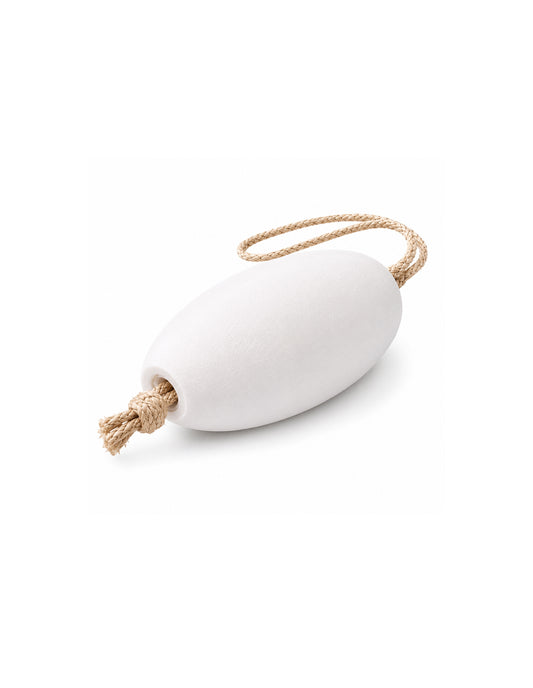 A white wooden float with a natural beige rope loop and tied end, shown on a clean white background.