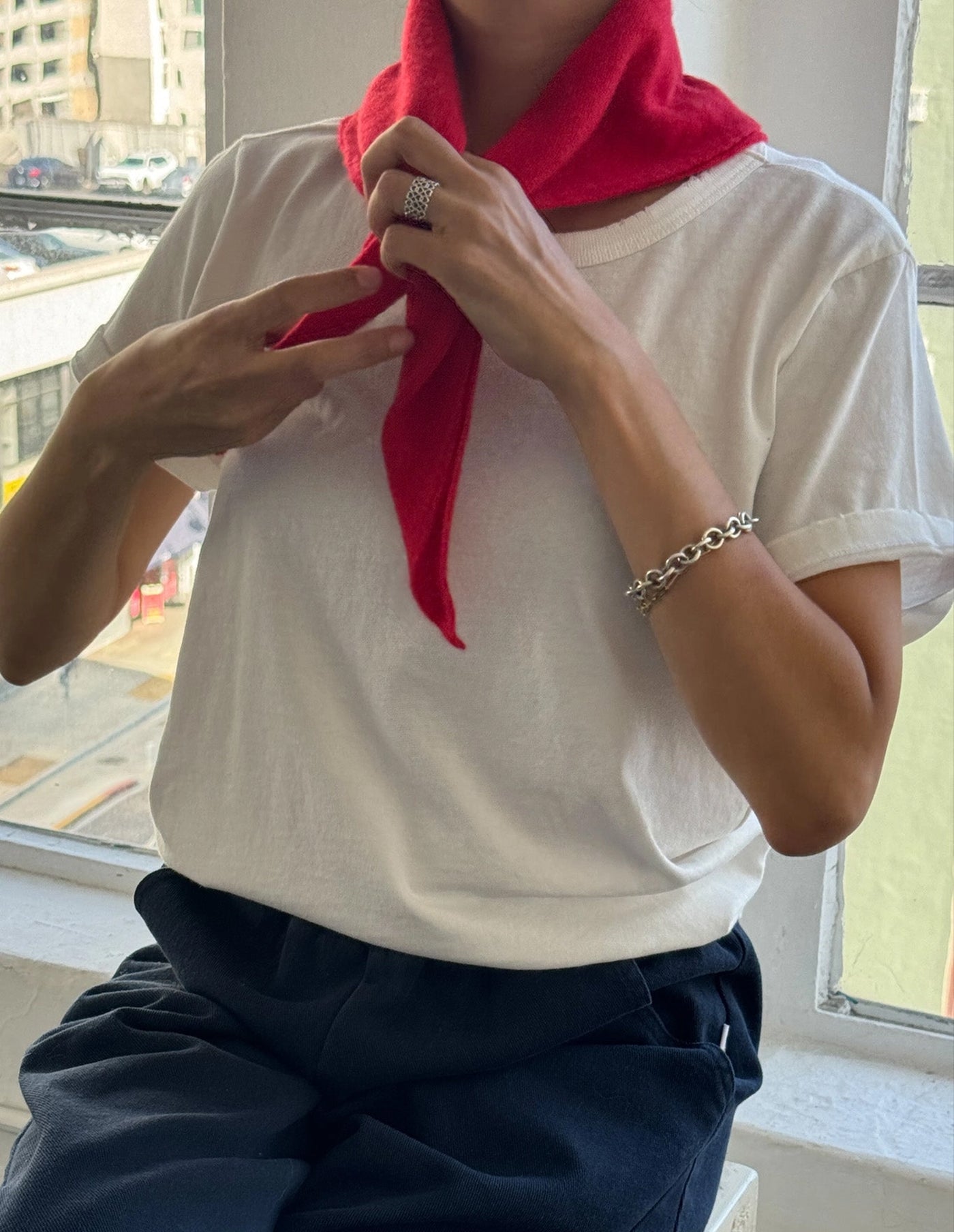 Person wearing a white shirt and navy pants with a red scarf, standing by a window.