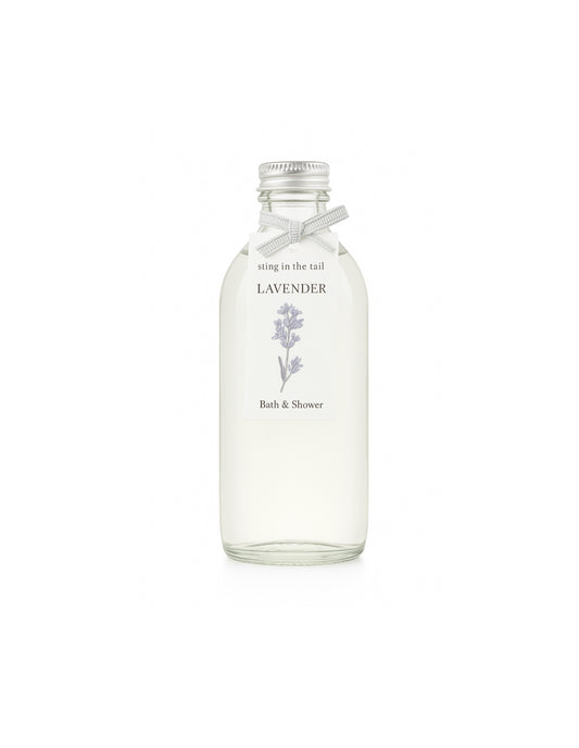 Glass bottle of lavender bath gel