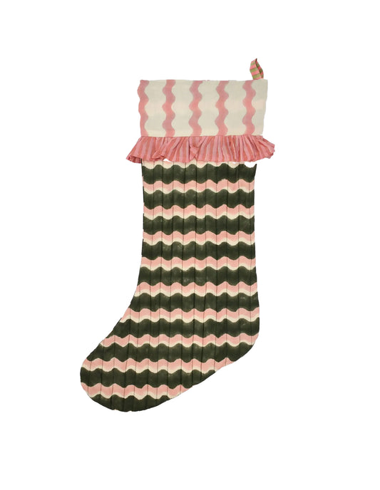 Striped sock with pink and green pattern on a white background
