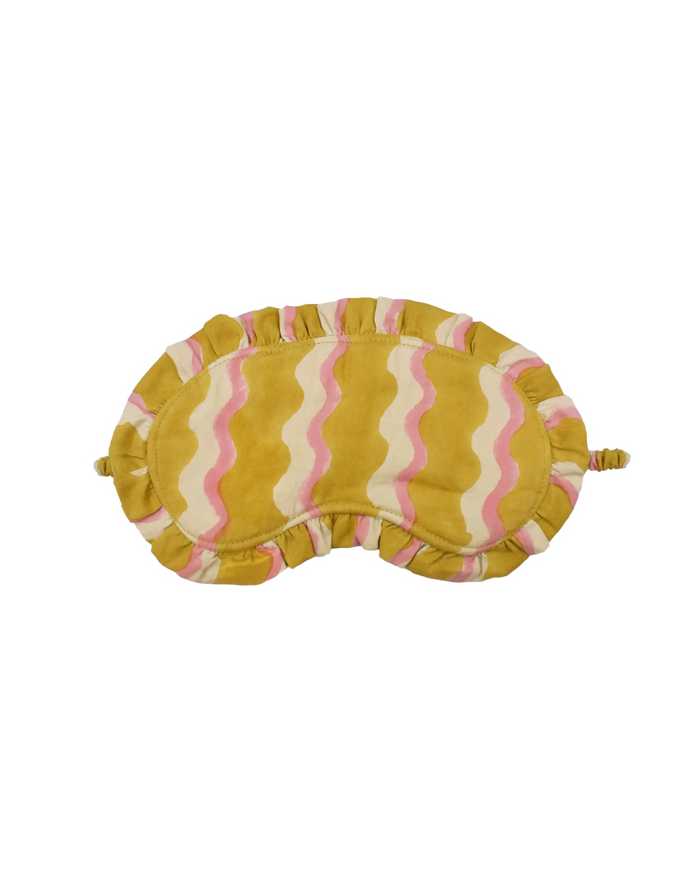 Striped eye mask with yellow, pink, and white pattern on a white background