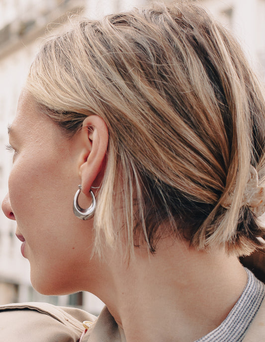 Silver Bold Crescent Hoop Earrings, Waterproof