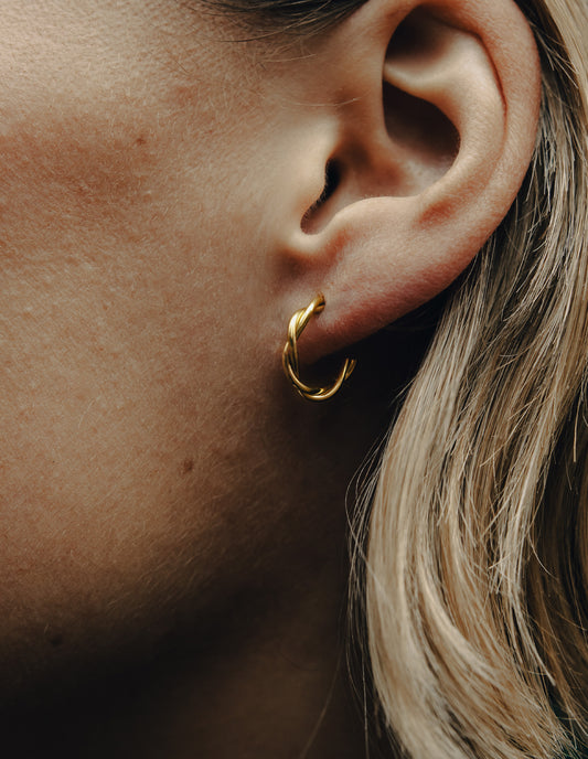Gold Small Entwined Latch Hoop Earrings, Tarnish-Free Gold Plating