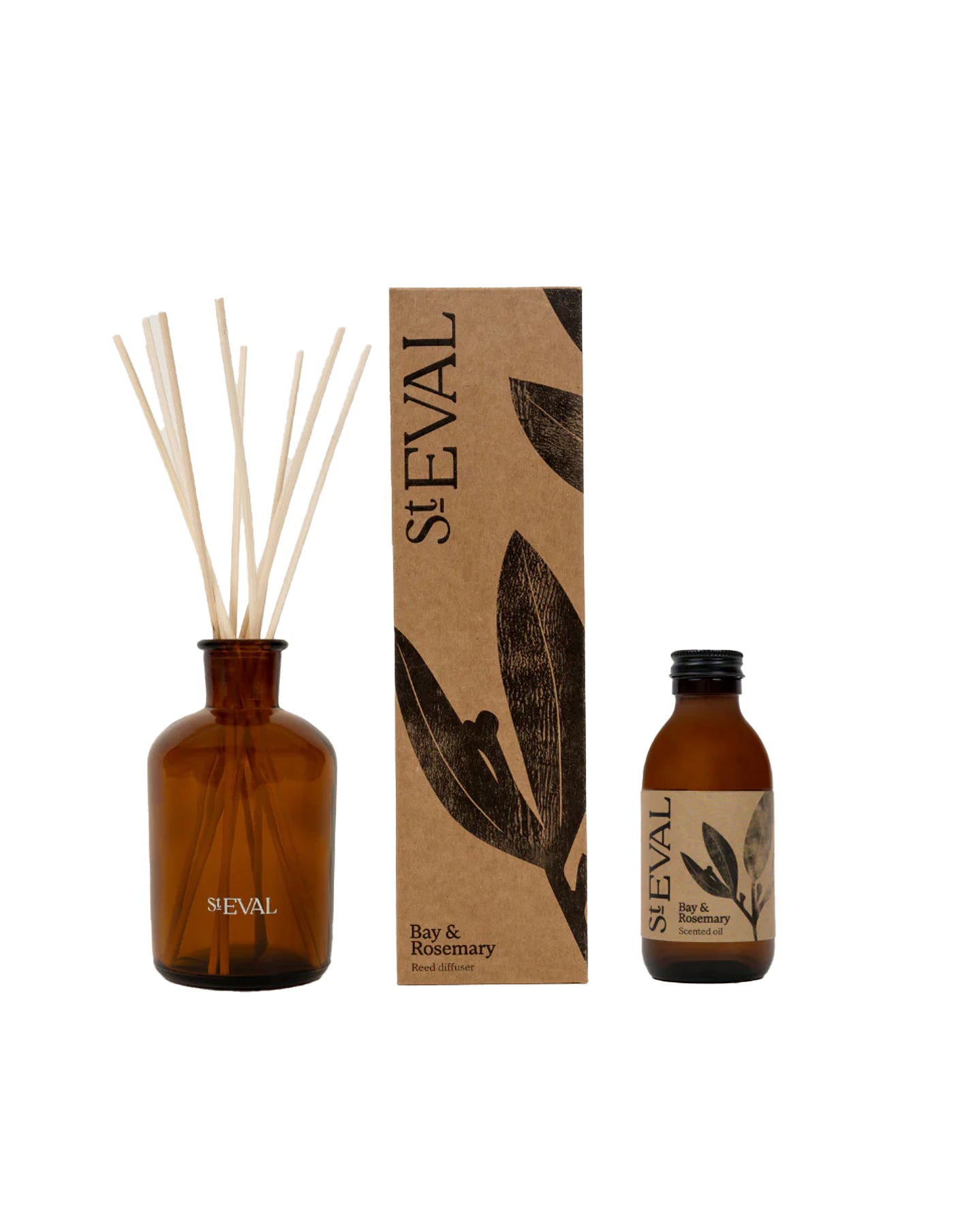 St Eval Bay & Rosemary diffuser set with bottle, reeds, and packaging on a white background