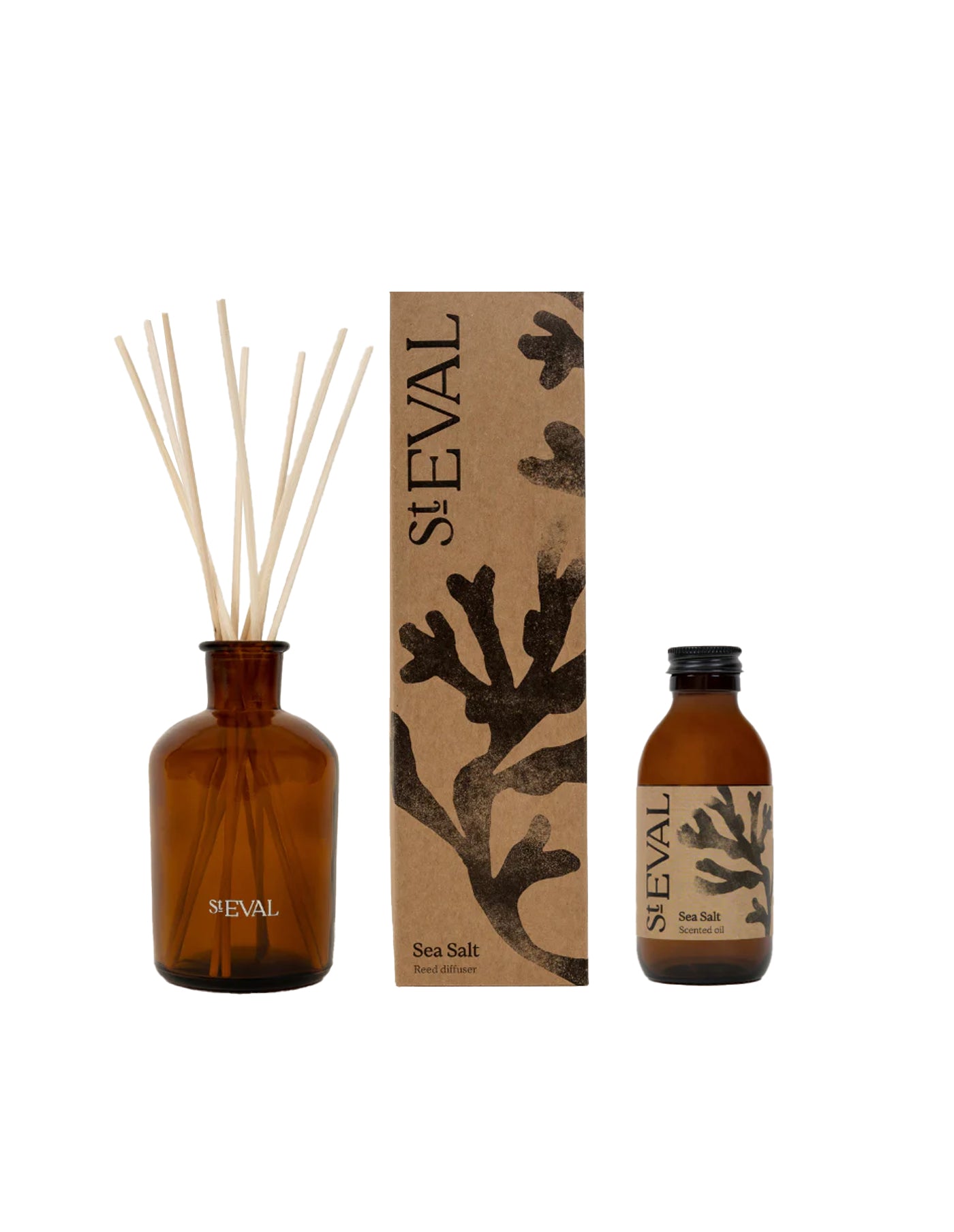 St. Eval Sea Salt diffuser set with bottle, reeds, and packaging on a white background