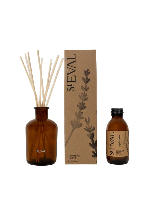 St. Eval lavender reed diffuser set with bottles and packaging on a white background