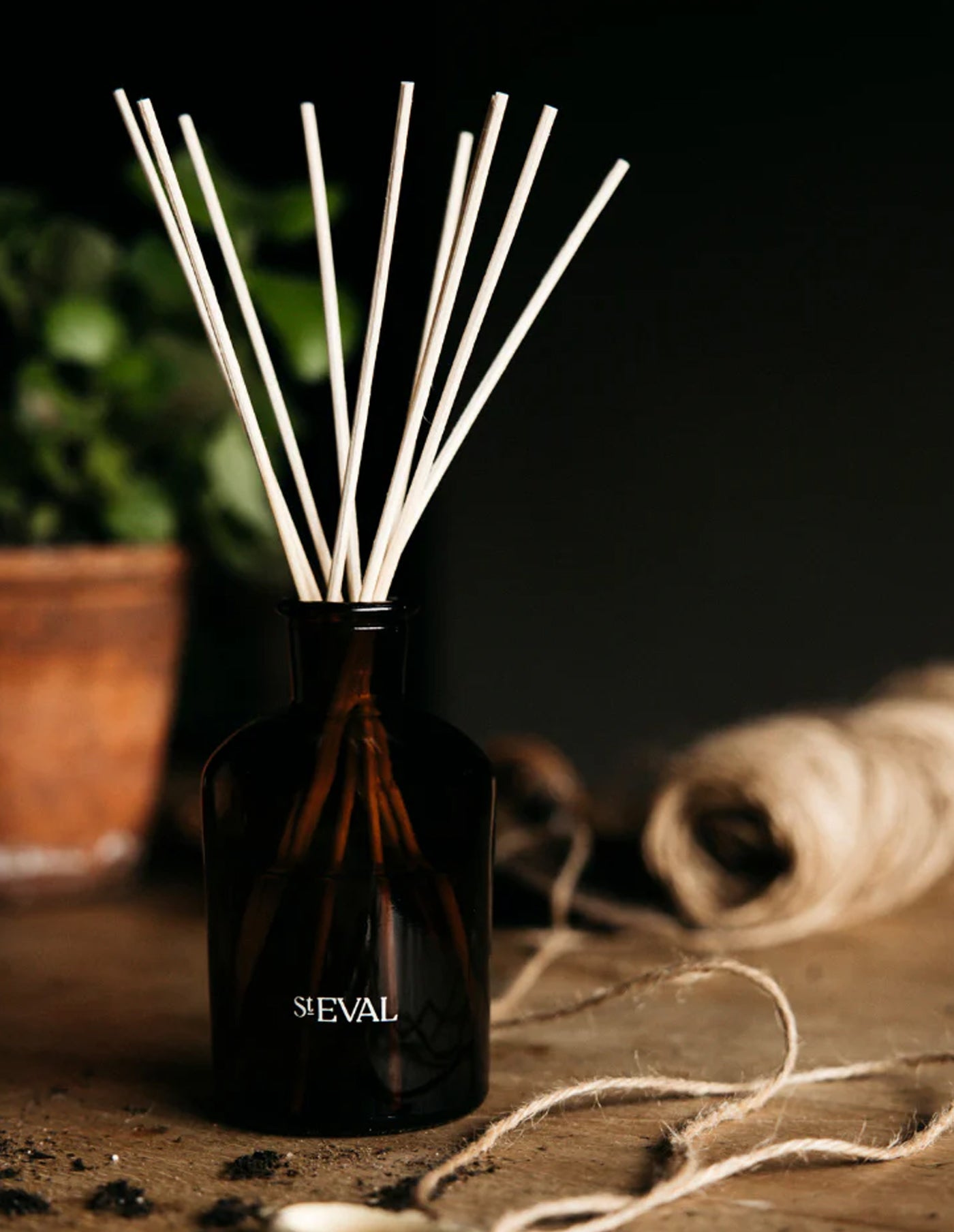 Reed diffuser with 'SIEVAL' branding on a dark background