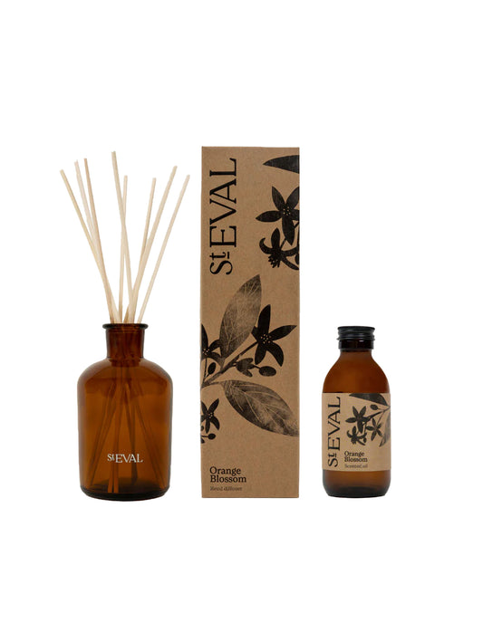 St. Eval Orange Blossom diffuser set with bottle, reeds, and packaging on a white background
