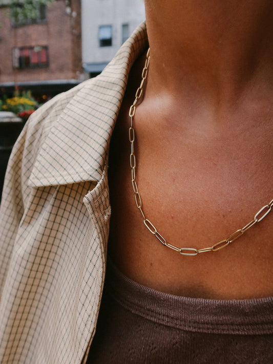 Gold Paperclip Chain Link Necklace, Tarnish-Free Gold Plating