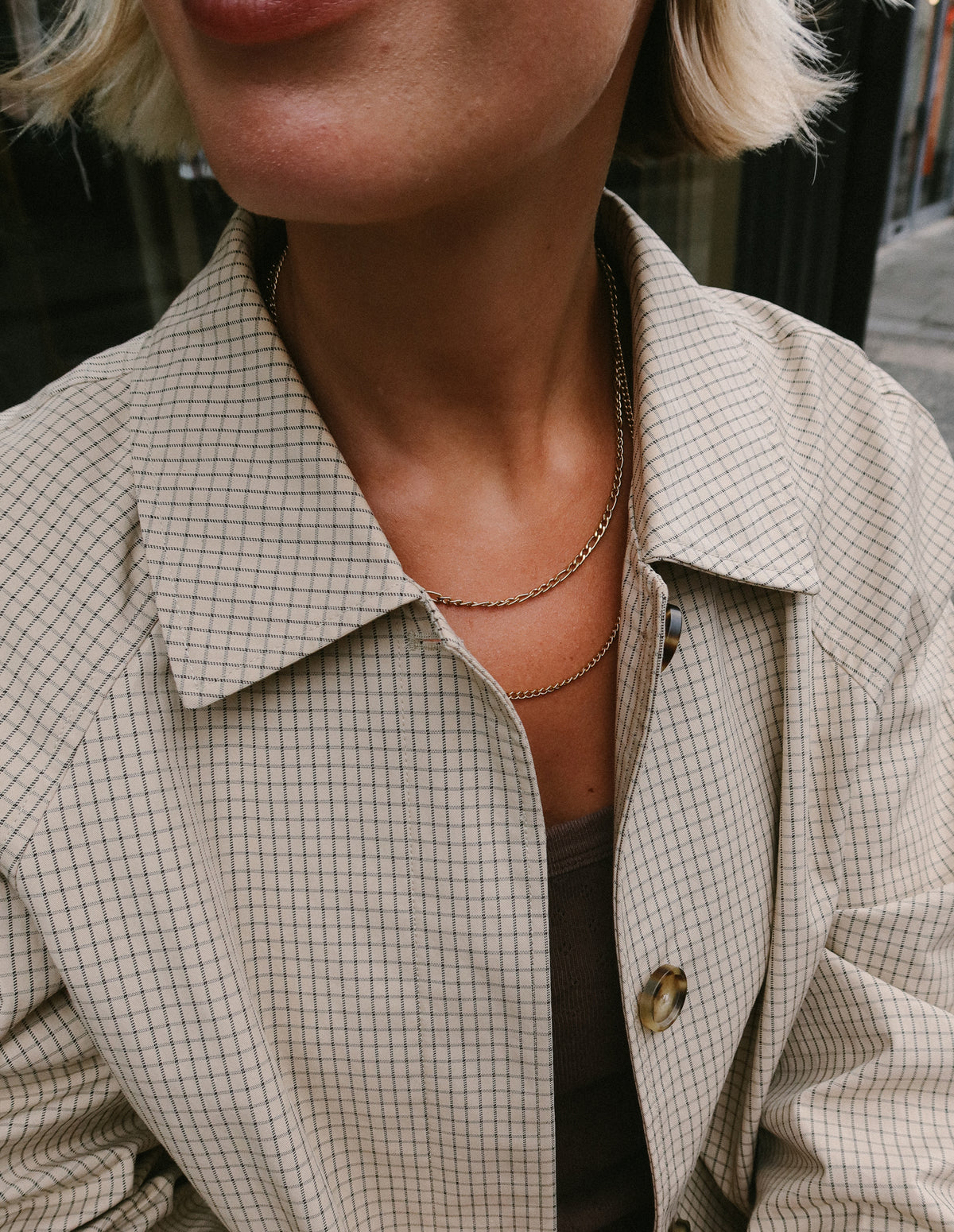 Gold Double Layer Figaro Chain Necklace, Tarnish-Free Gold Plating