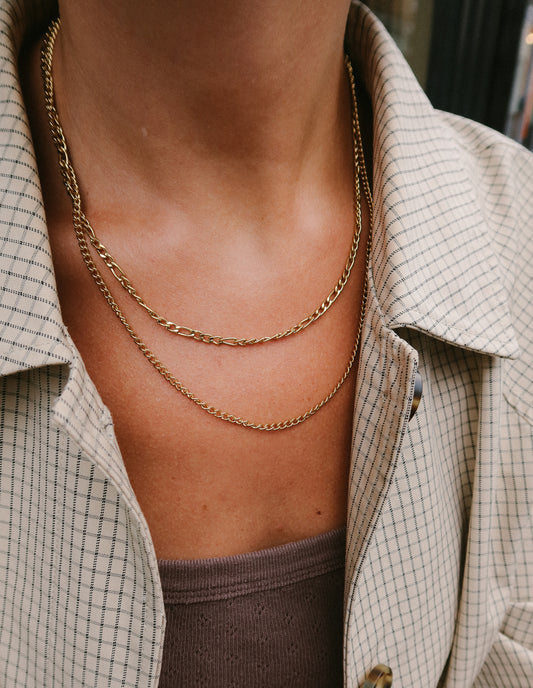Gold Double Layer Figaro Chain Necklace, Tarnish-Free Gold Plating