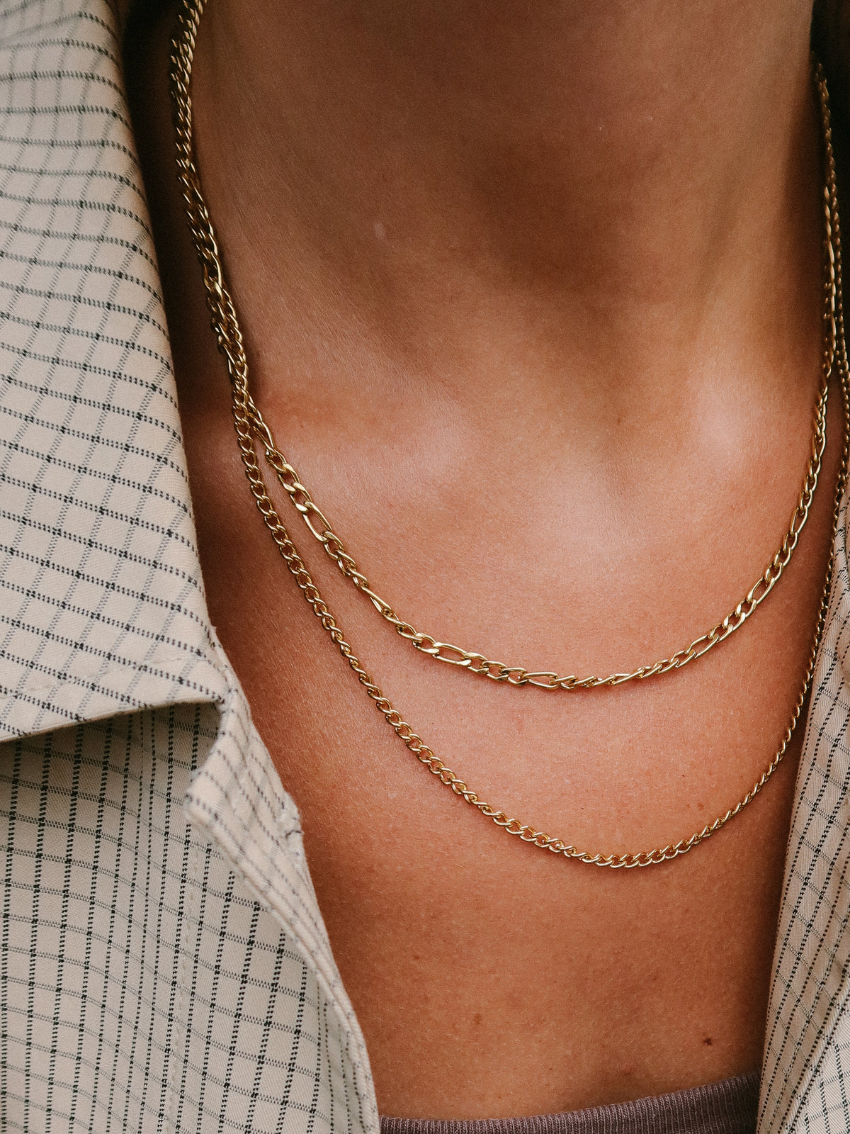 Gold Double Layer Figaro Chain Necklace, Tarnish-Free Gold Plating