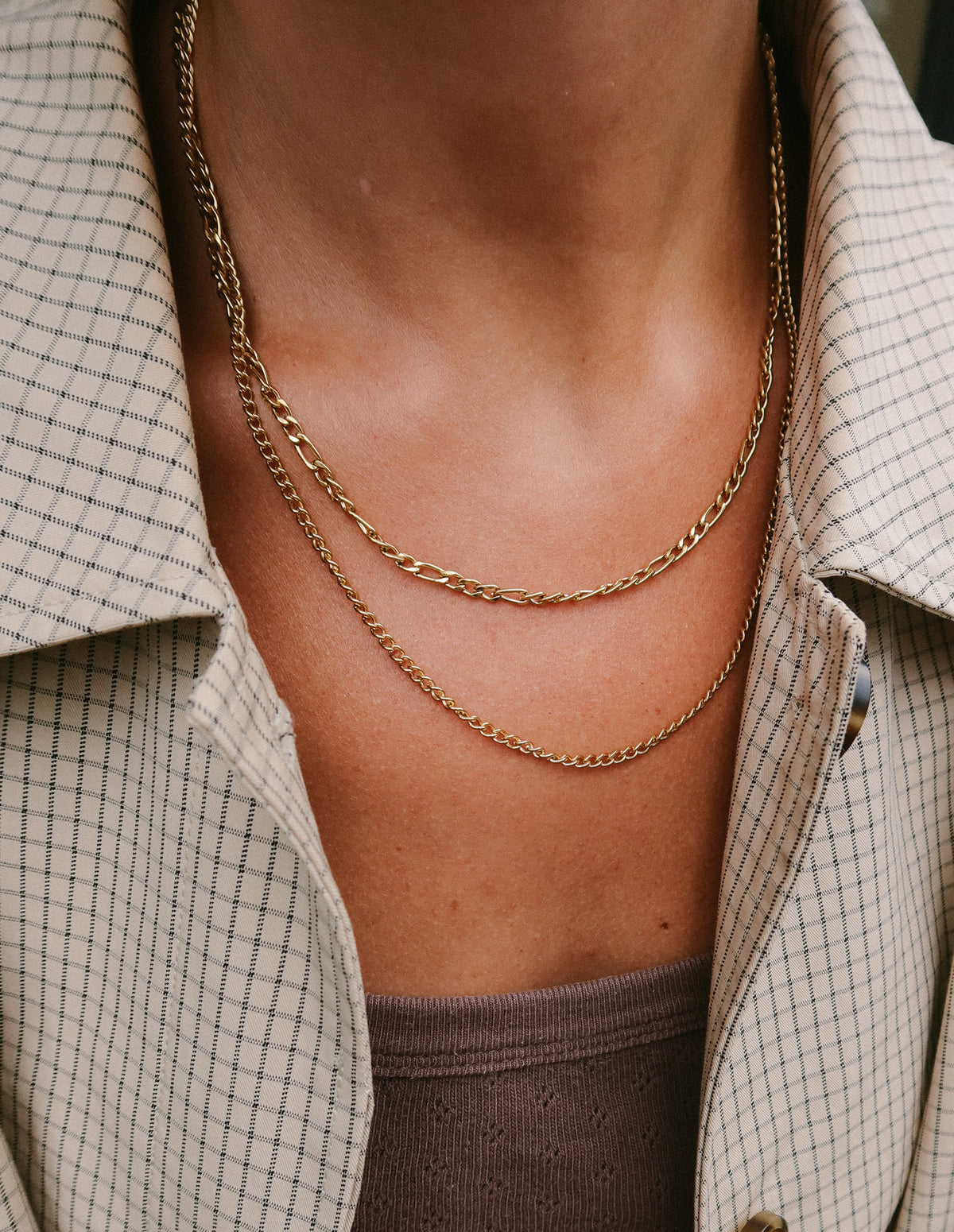 Gold Double Layer Figaro Chain Necklace, Tarnish-Free Gold Plating