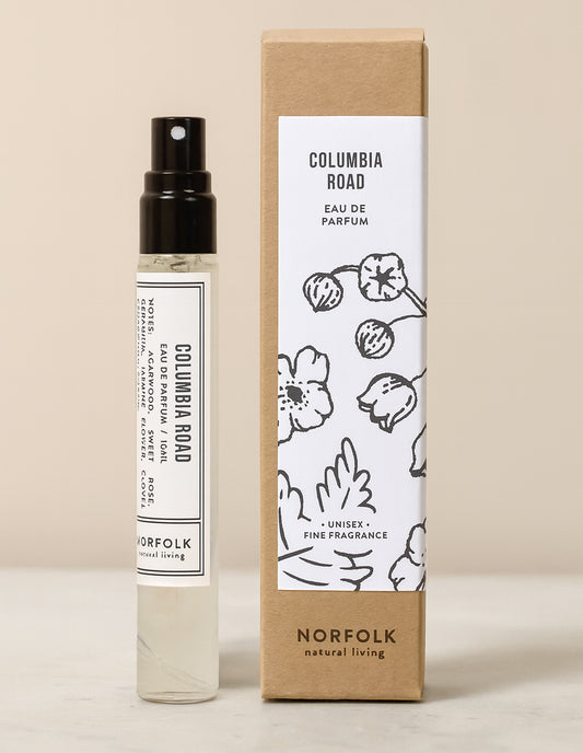 Columbia Road perfume bottle and packaging on a beige background