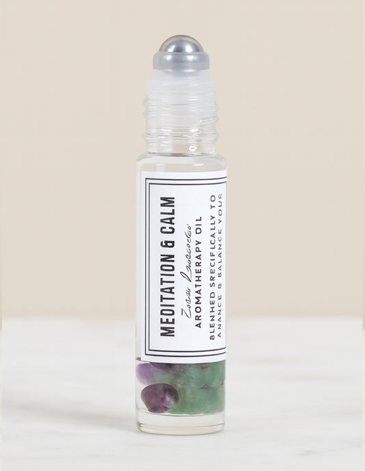 Roll-on bottle labeled 'Meditation & Calm' with a white background