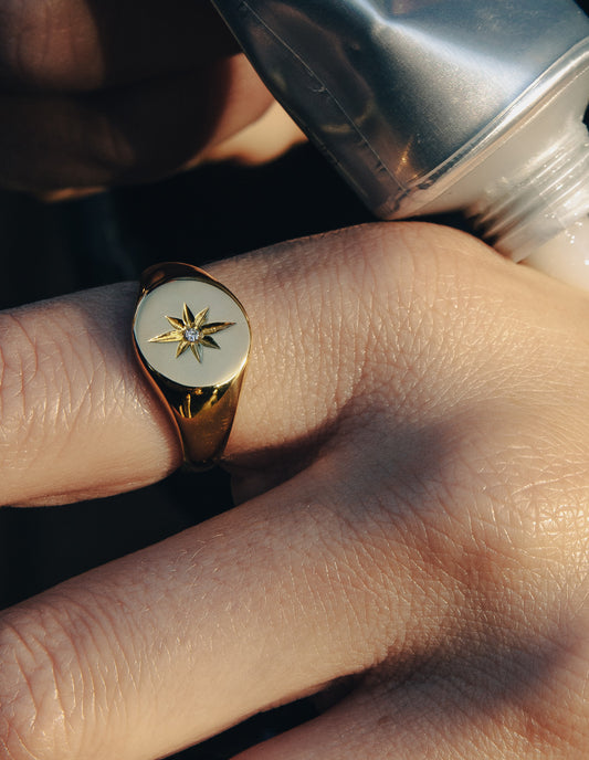 Gold Large Embossed Signet Ring, Waterproof