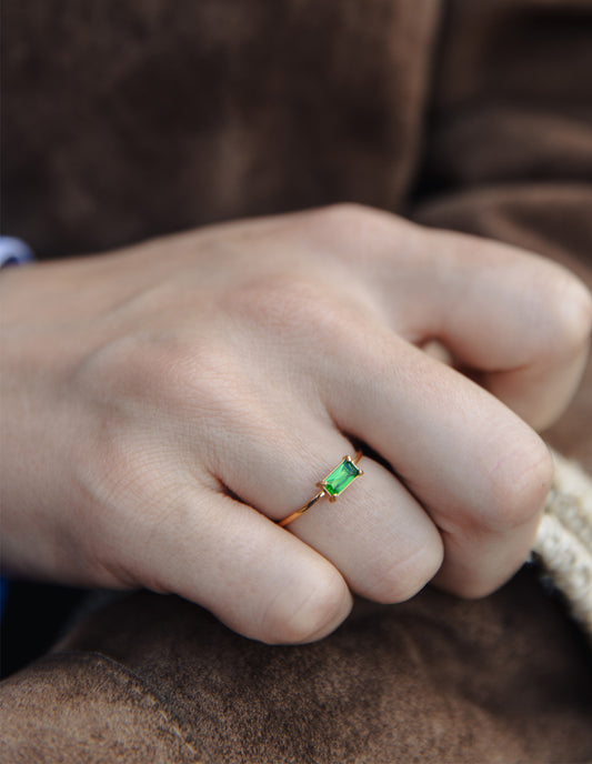 Dainty Rectangular Verdant Gemstone Ring, Tarnish-Free Gold Plating