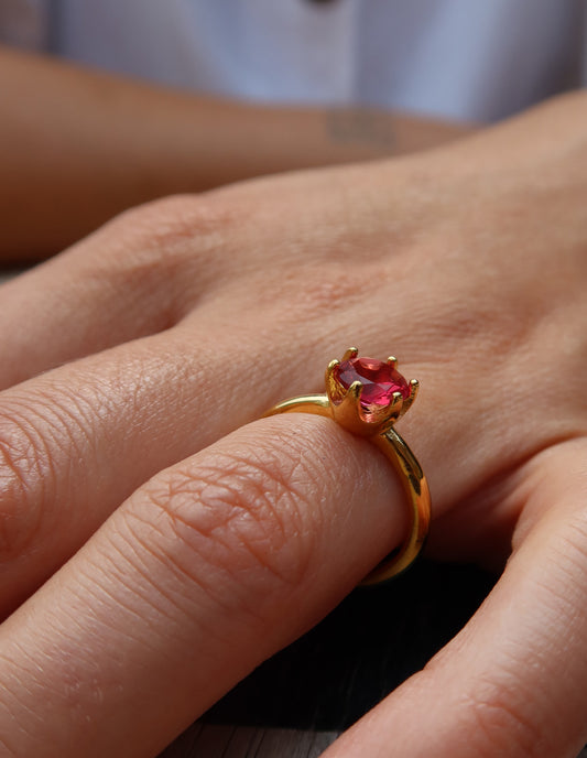 Gold Claw Set Red Gemstone Ring, Tarnish-Free Gold Plating