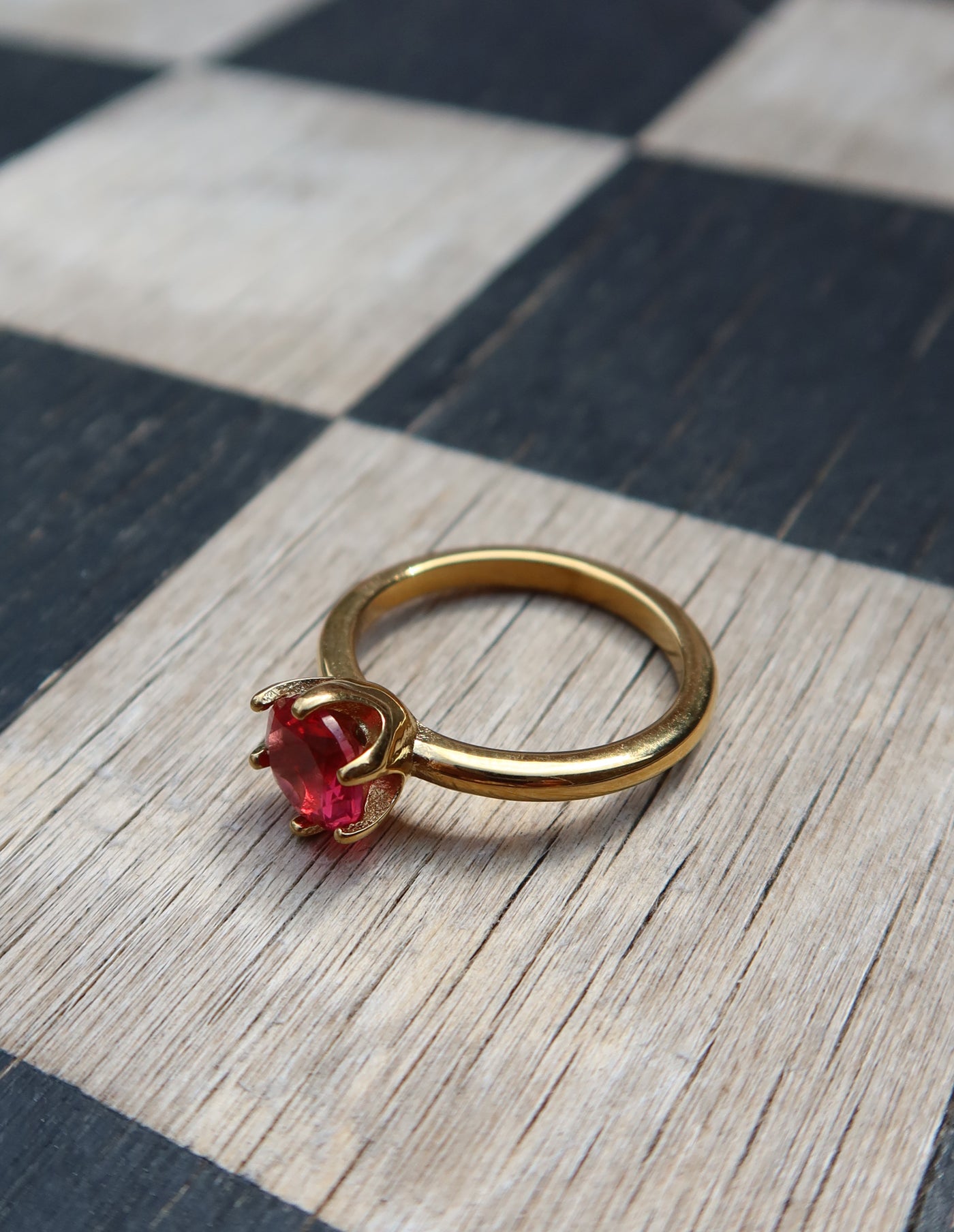 Gold Claw Set Red Gemstone Ring, Tarnish-Free Gold Plating