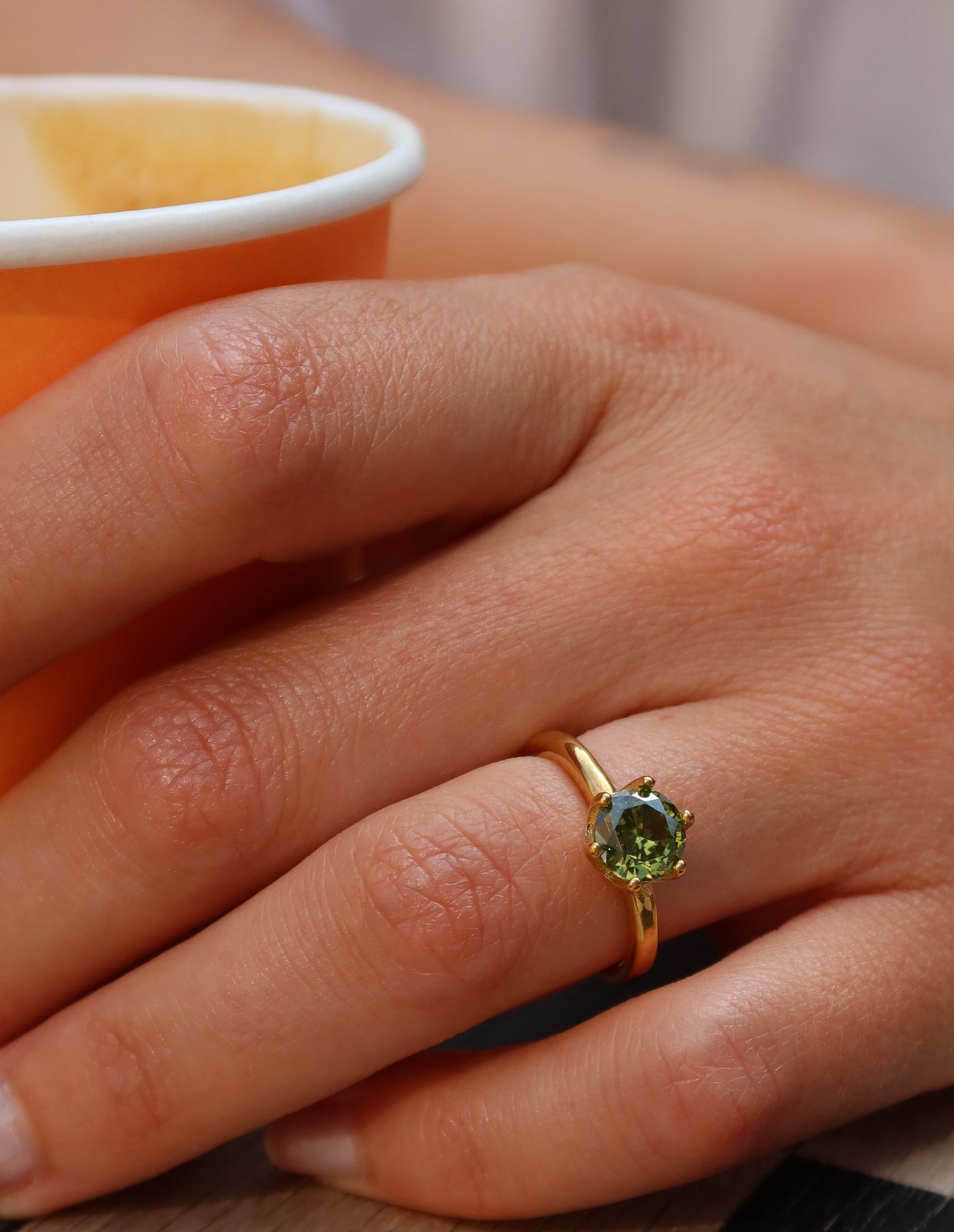 Gold Claw Set Green Gemstone Ring, Tarnish-Free Gold Plating