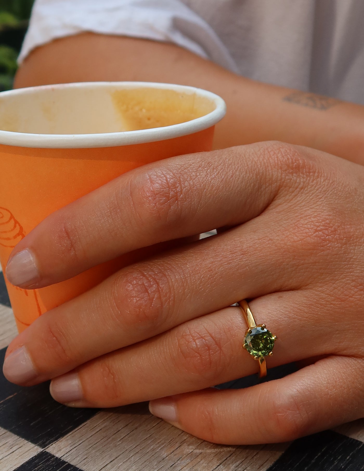 Gold Claw Set Green Gemstone Ring, Tarnish-Free Gold Plating