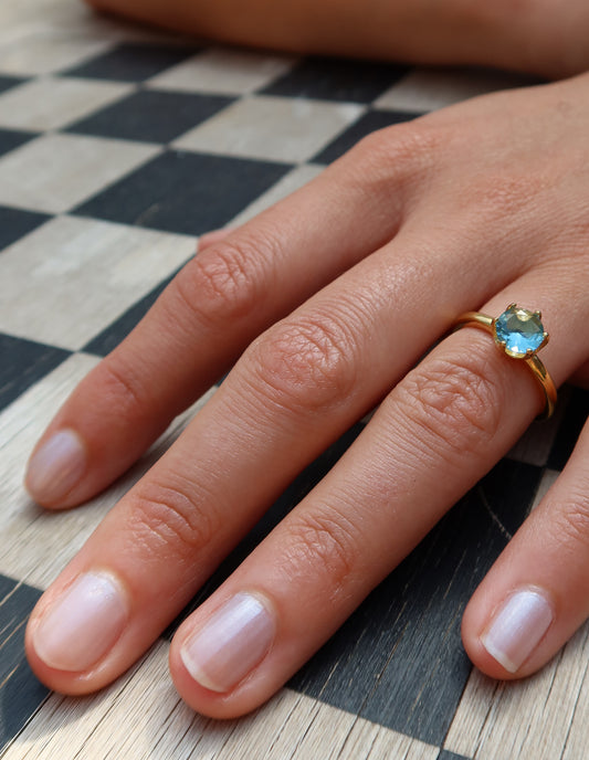 Gold Claw Set Blue Gemstone Ring, Tarnish-Free Gold Plating