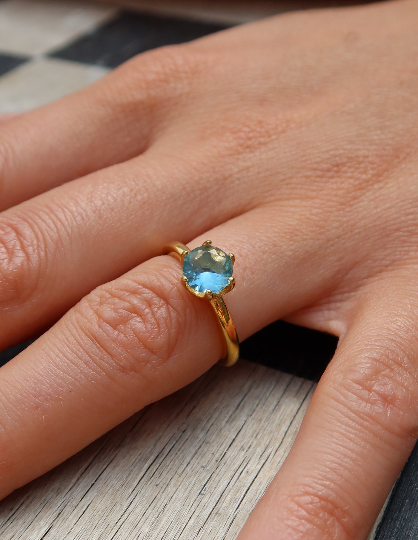 Gold Claw Set Blue Gemstone Ring, Tarnish-Free Gold Plating