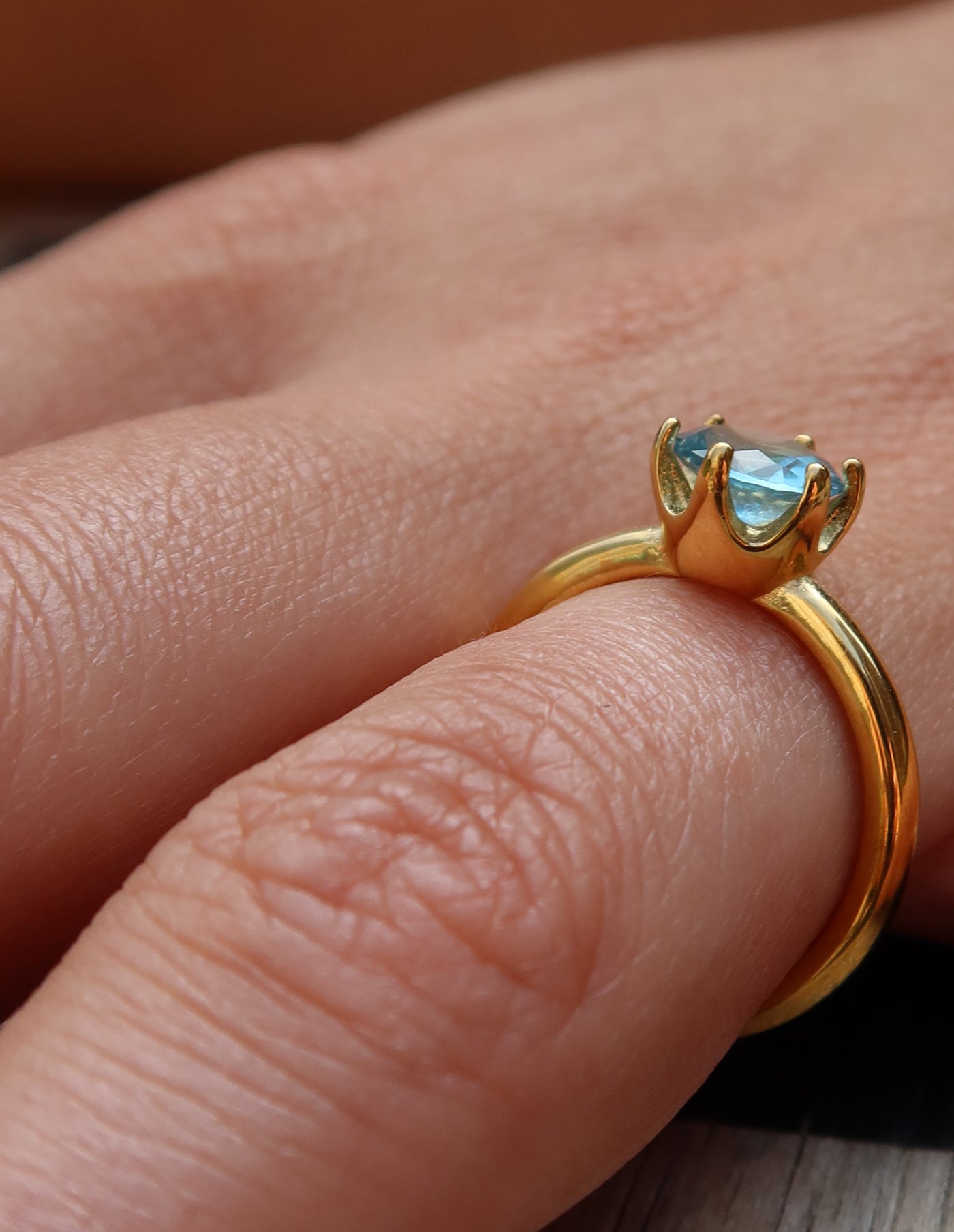 Gold Claw Set Blue Gemstone Ring, Tarnish-Free Gold Plating