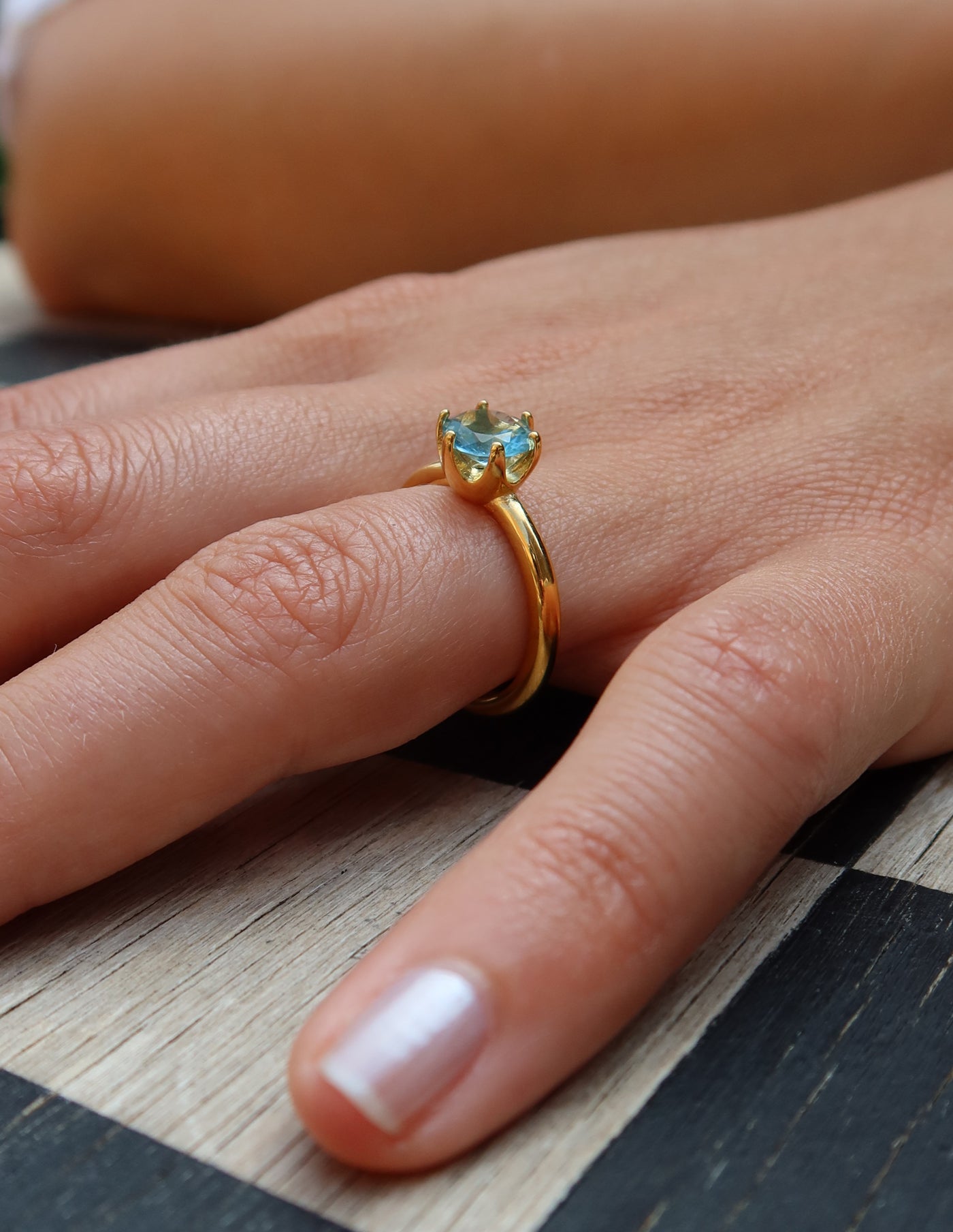Gold Claw Set Blue Gemstone Ring, Tarnish-Free Gold Plating