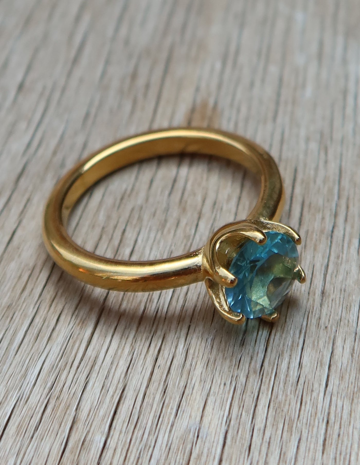 Gold Claw Set Blue Gemstone Ring, Tarnish-Free Gold Plating