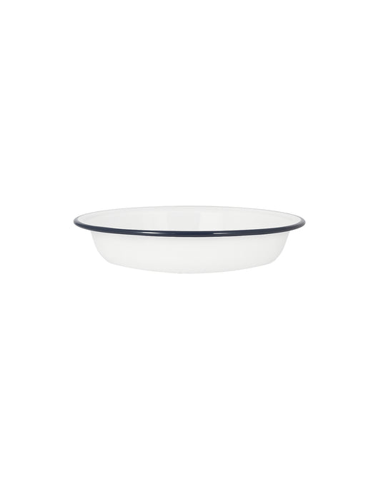 White and navy enamel pie dish