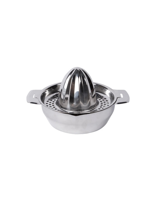 Stainless steel manual juicer on a white background