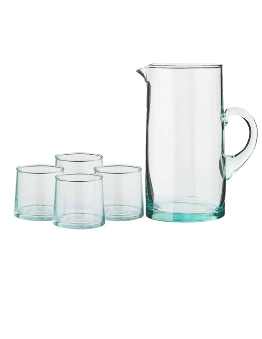 Low Handmade Moroccan Beldi Glasses and Jug Set, Clear