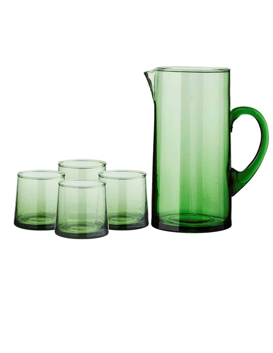 Low Handmade Moroccan Beldi Glasses and Jug Set, Green