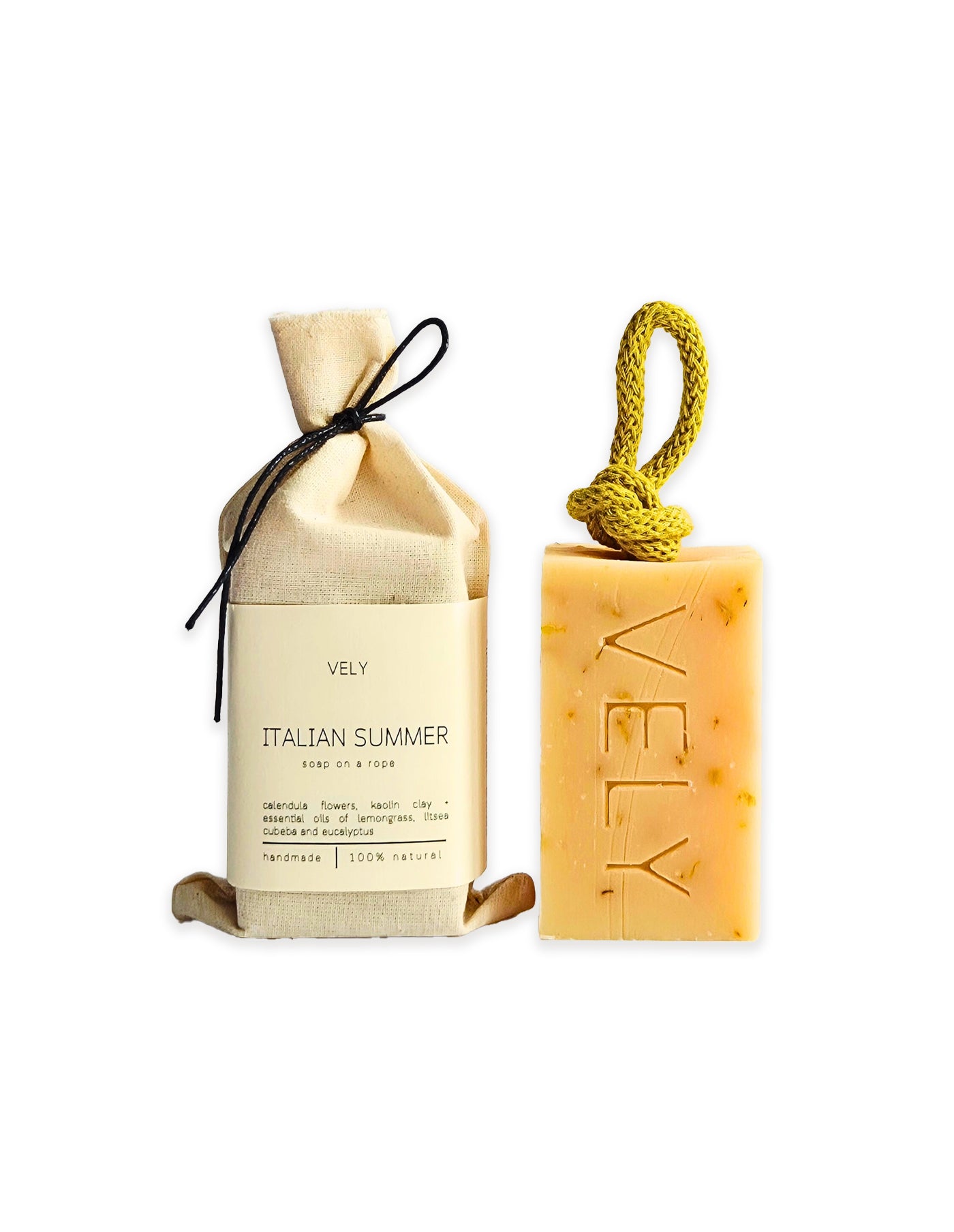 Bar of soap with a rope and packaging labeled 'Vely Italian Summer' on a white background
