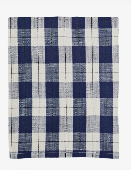Navy and white checkered fabric on a white background