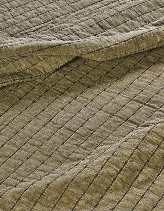 Khaki Green Quilted Cotton Throw, Madam Stoltz