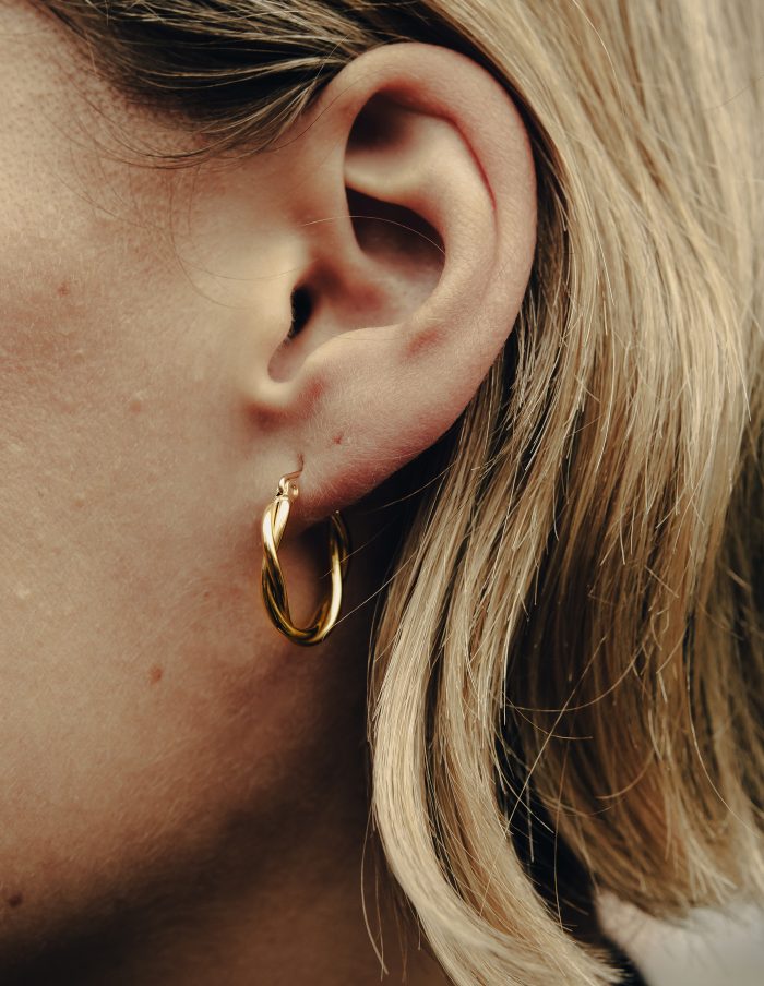 Gold Medium Entwined Latch Hoop Earrings, Waterproof