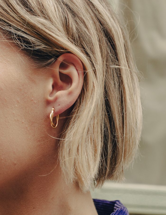 Gold Small Entwined Latch Hoop Earrings, Tarnish-Free Gold Plating