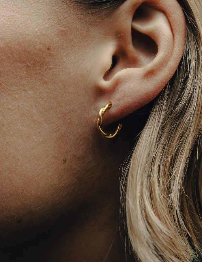 Gold Small Entwined Latch Hoop Earrings, Tarnish-Free Gold Plating