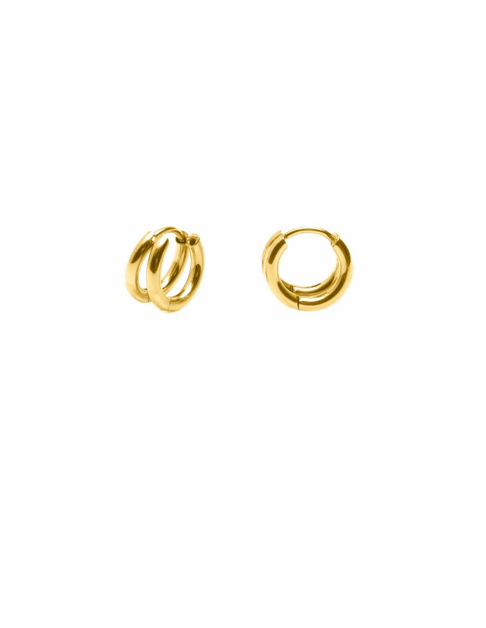 Gold Double Layer Huggie Hoop Earrings, Waterproof