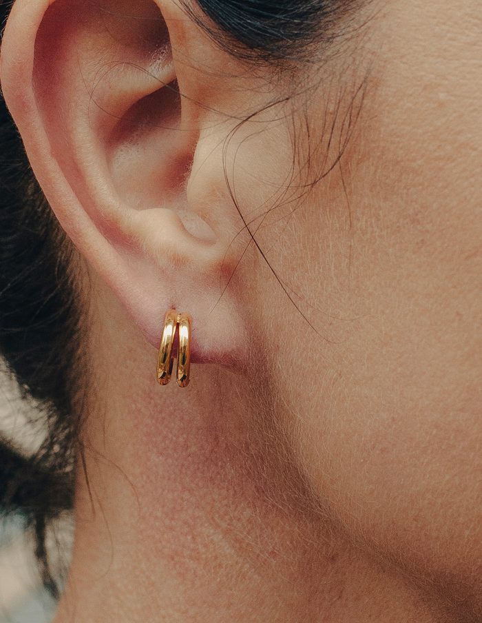 Gold Double Layer Huggie Hoop Earrings, Tarnish-Free Gold Plating