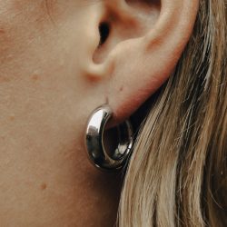 Silver Medium Leverback Bold Hoop Earrings, Waterproof