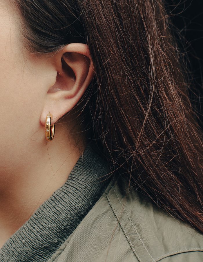 Gold Stone Embossed Hoop Earrings, Tarnish-Free Gold Plating