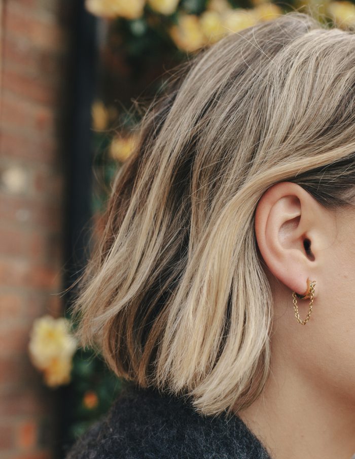 Gold Chain Huggie Flat Hoop Earrings, Tarnish-Free Gold Plating