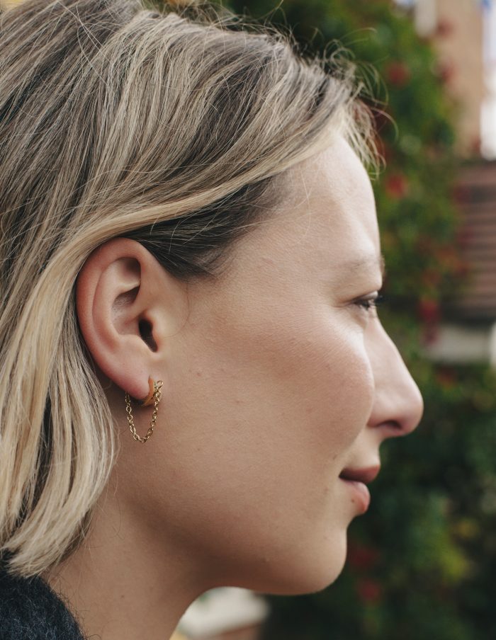 Gold Chain Huggie Flat Hoop Earrings, Tarnish-Free Gold Plating
