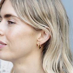 Gold Small Stone Embossed Hoop Earrings, Tarnish-Free Gold Plating